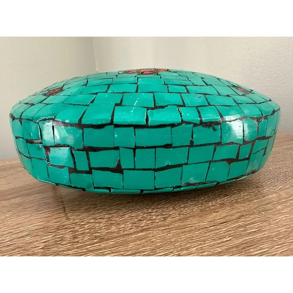 Vintage Turquoise Mosaic Tile Purse Coral Stone Inlay Crossbody Gold Chain Bag
